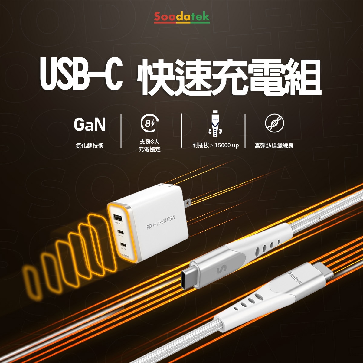 Soodatek GaN 氮化鎵技術充電器、台灣 BSMI 認證、多重安全保護裝置，防止過充、過載、過熱等安全防護。居家、出門收納攜帶方便。