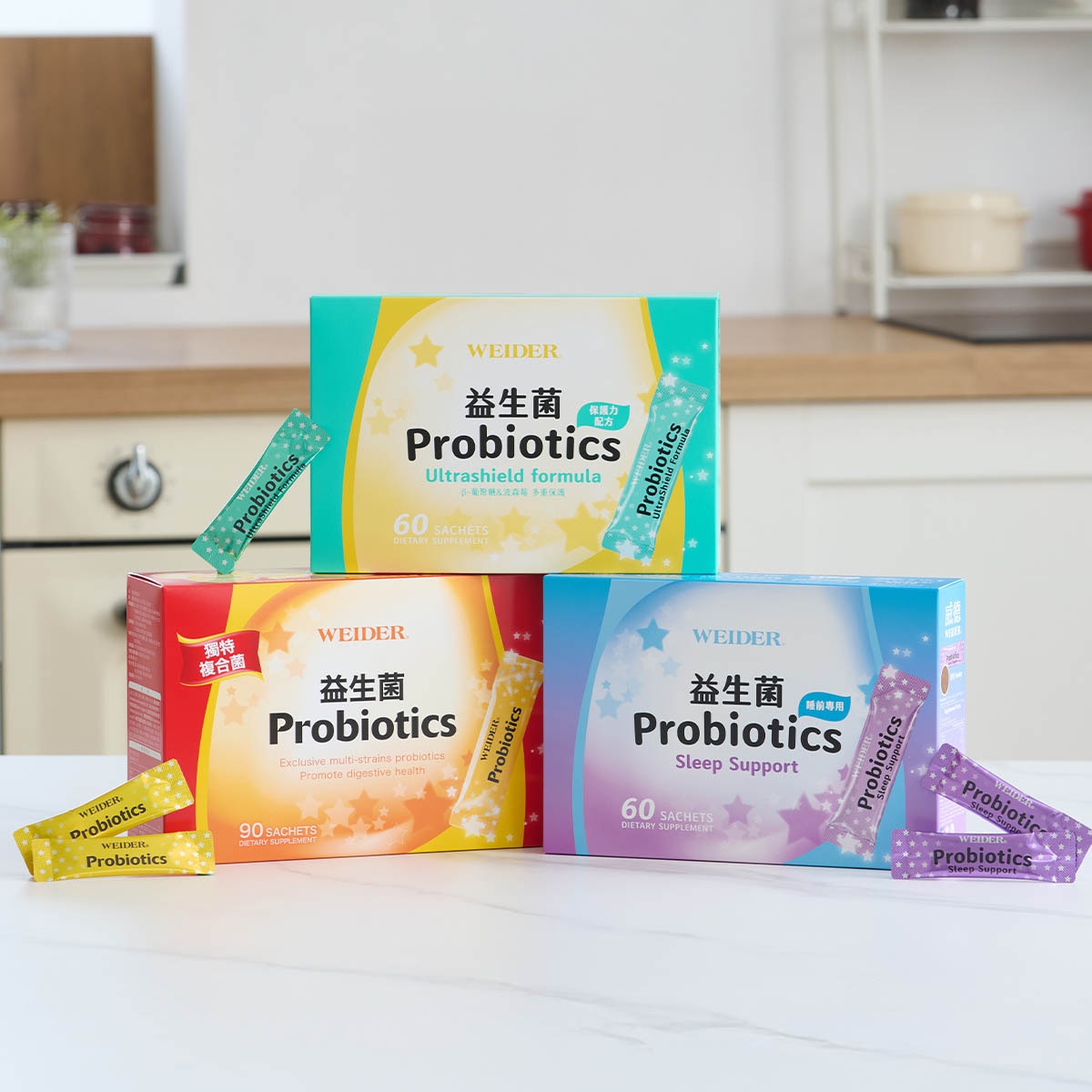 WEIDER 威德名醫陳保仁醫師推薦。威德益生菌，幫助維持消化道＆全面健康，使排便順暢。威德益生菌睡前專用，讓你好好睡，好健康。威德益生菌保護力配方，守護&維持每天的健康。