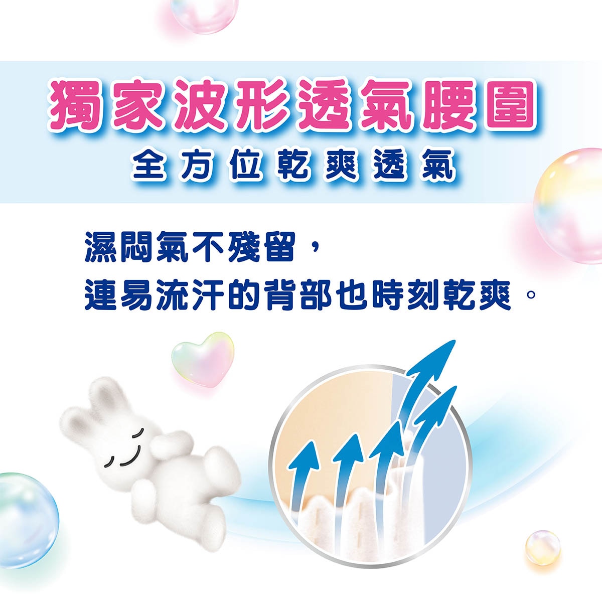 Merries 妙而舒濕悶氣不殘留，連易流汗的背部也時刻乾爽。