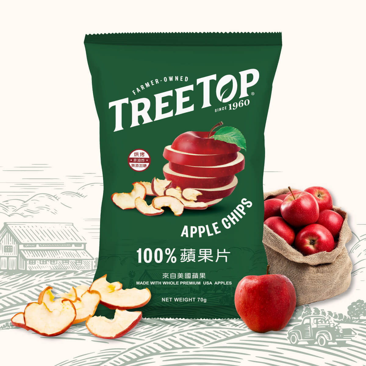美國Tree Top 樹頂每25公克樹頂蘋果片等於一顆直徑約7公分的蘋果，整顆帶皮美國蘋果烘烤而成非油炸，保留完整膳食纖維。無額外添加糖、色素及香料，原味、原色、低脂、低鈉，完美烘製