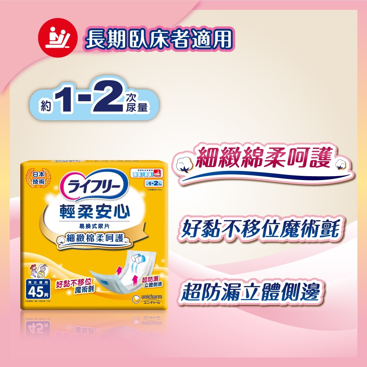 Lifree 來復易輕柔安心尿片，吸收迅速，表層乾爽不回滲，加高立體防漏側邊，阻擋尿液外流到紙尿褲，免撕膠，單手輕壓就固定，重複黏貼也能牢牢貼合，尿片不易移位防止外漏。