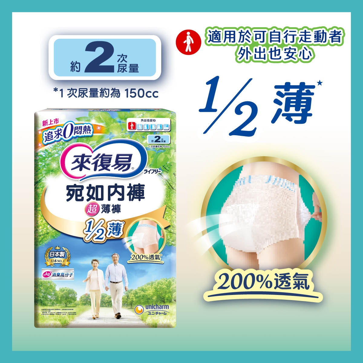 Lifree 來復易 1/2薄，200%透氣不悶熱，胯下俐落貼合，2次尿量吸收，Ag+消臭因子
