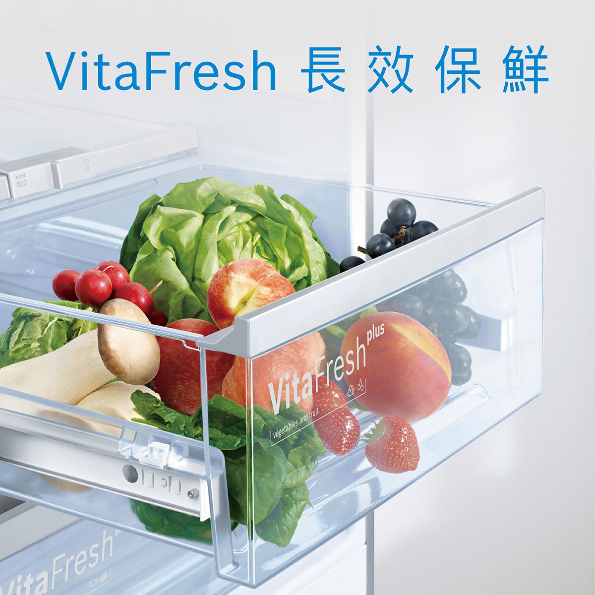 BOSCH博世獨家VitaFresh Plus 保濕生鮮蔬果室與 0˚C冰鮮室，提供蔬果與生鮮最佳濕度與溫度，延長食材2倍保鮮。