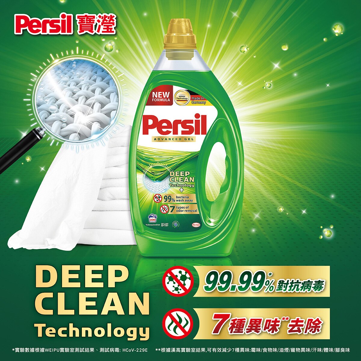 Persil 寶瀅4合1膠囊，4種功效: 強效淨垢，99%抗菌*，有效防螨，除臭護纖。