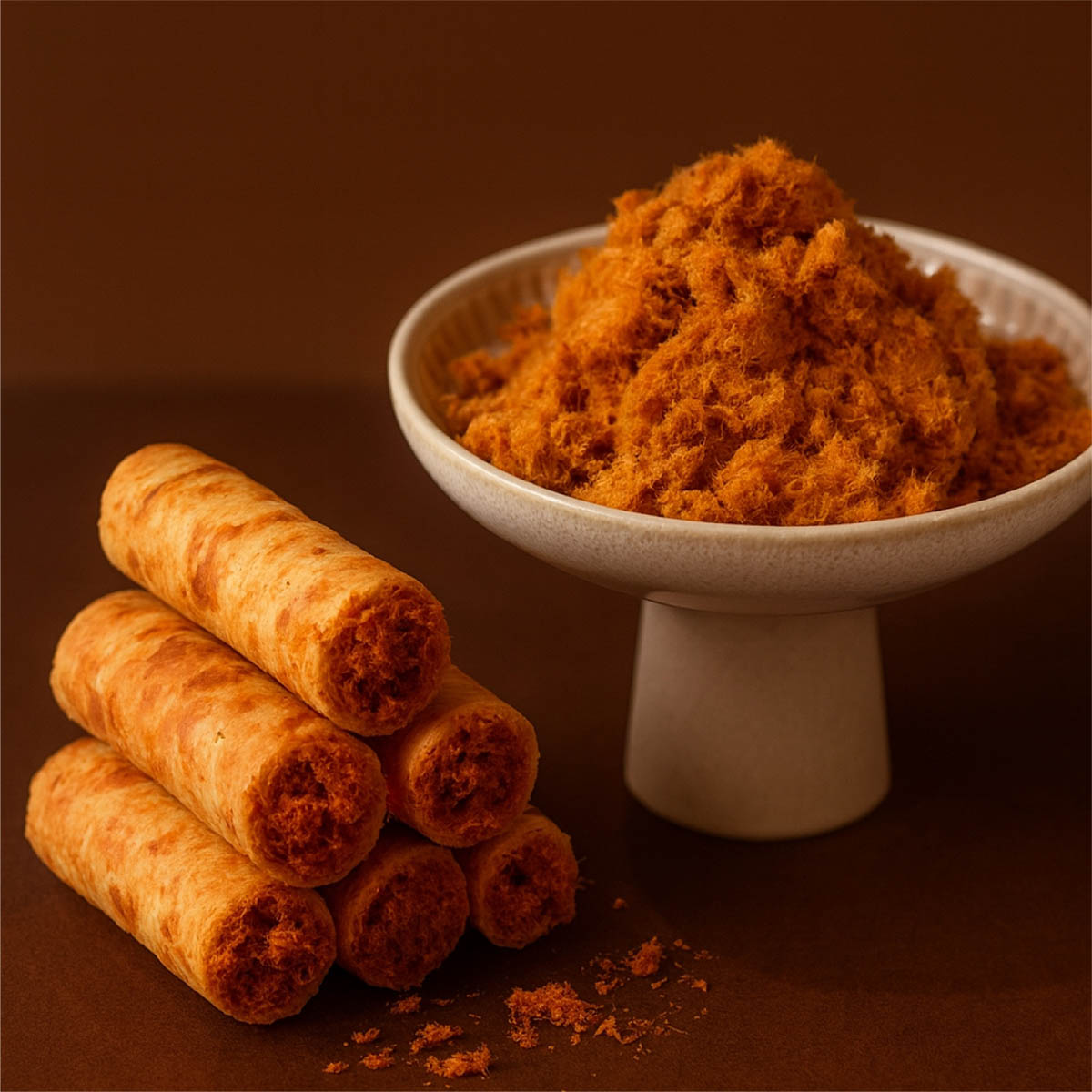 興麥主用台灣溫體豬後腿肉製成肉鬆！搭配層層堆疊的蛋捲餅皮，酥脆口感，鹹香交織，捲起味蕾的新滋味！