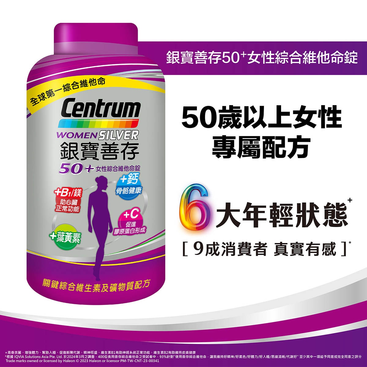 Centrum 善存 專為50歲以上女性設計營養素，B1，幫助維持神經系統正常功能，B6，增進神經系統健康C，促進膠原蛋白形成，鈣，有助骨骼健康，一錠補充22種關鍵營養素