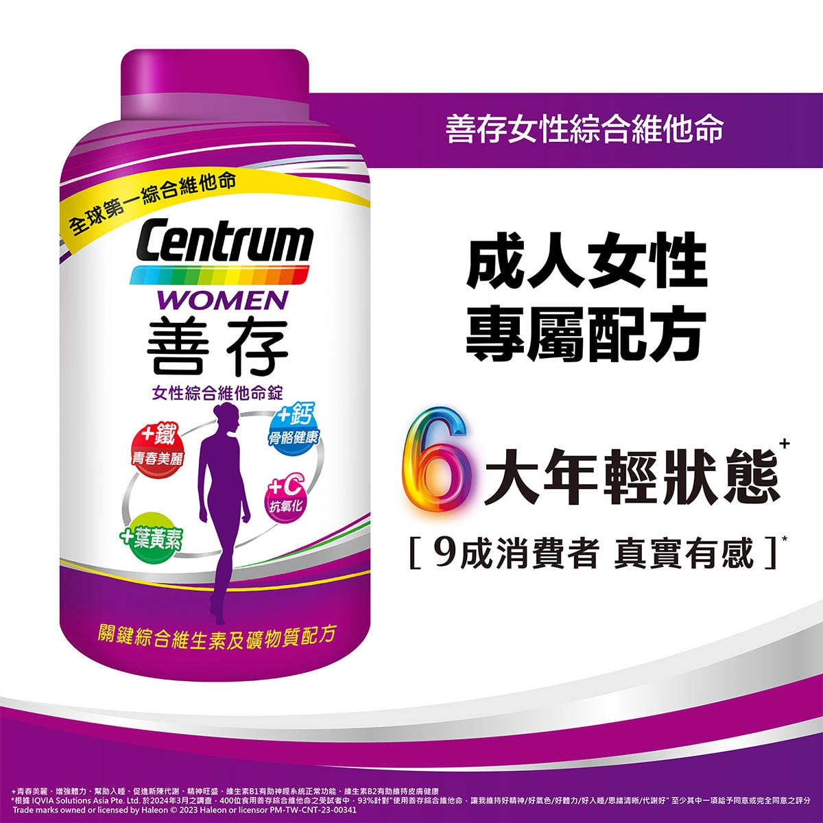 Centrum 善存 專為成人女性設計營養素，B1，幫助維持神經系統正常功能C，促進膠原蛋白形成，鐵，有助於正常紅血球的形成，一錠補充22種關鍵營養素