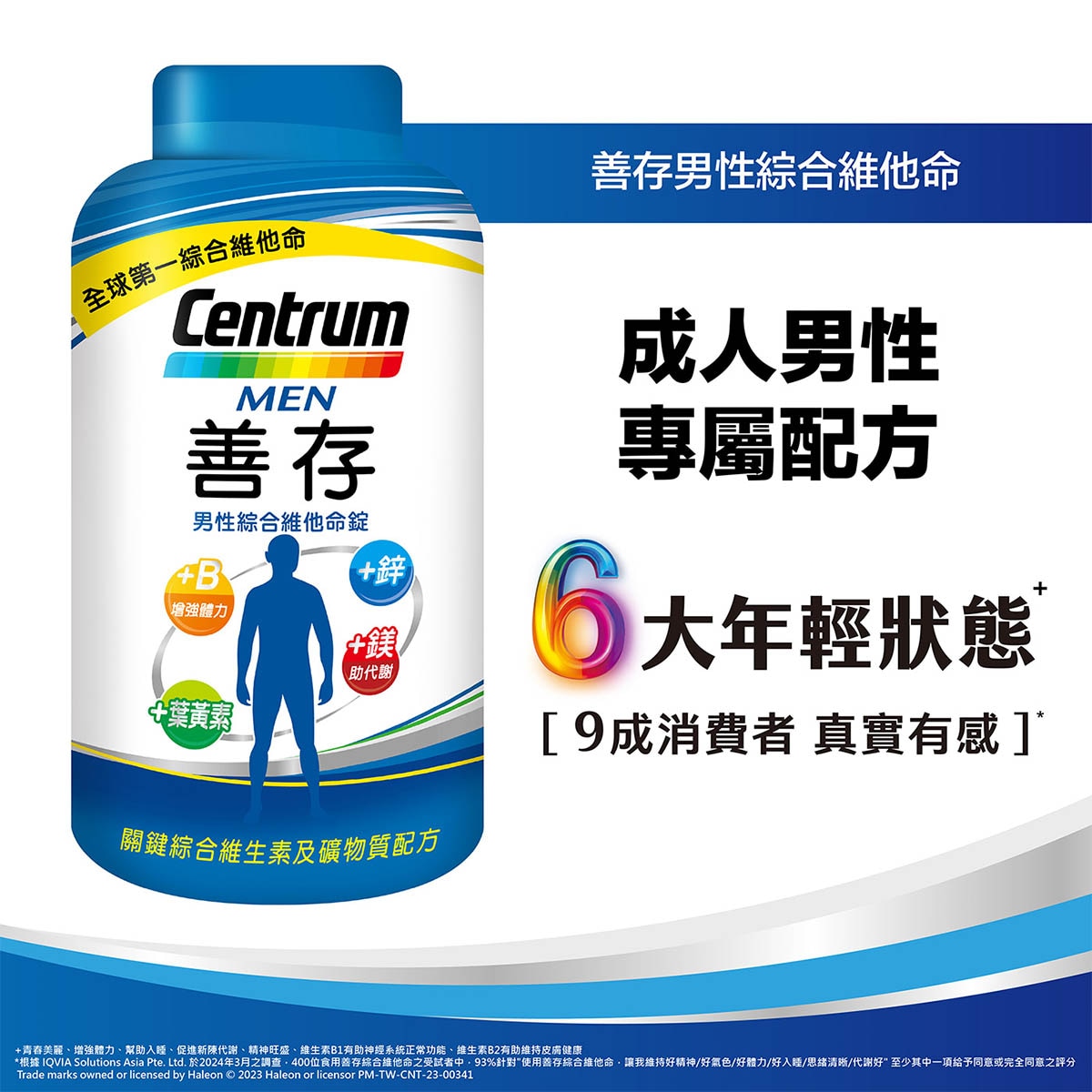 Centrum 善存 專為成人男性設計營養素，B1，幫助維持神經系統正常功能鋅，有助於維持生殖機能，C、E，具抗氧化作用，一錠補充22種關鍵營養素
