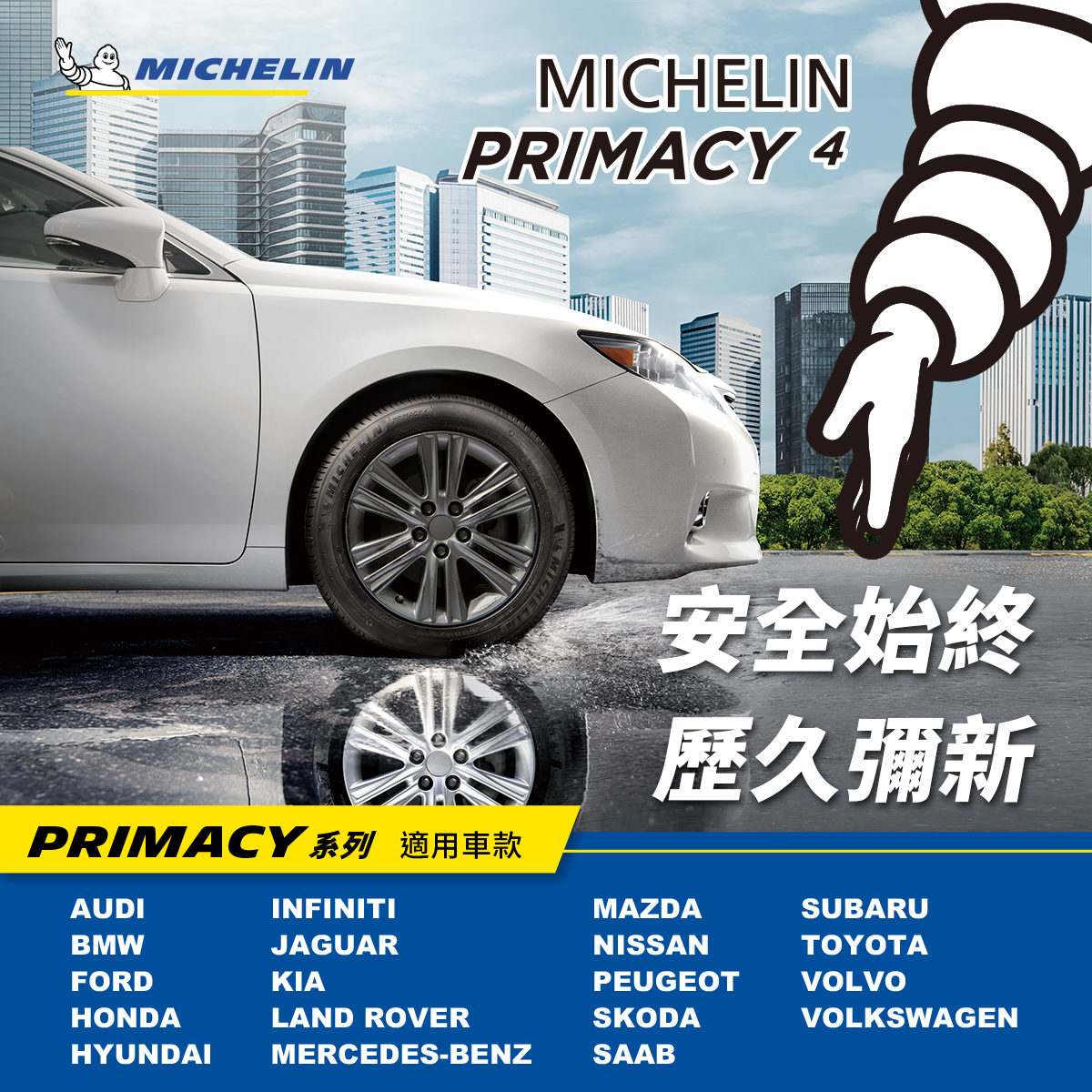Michelin 米其林輪胎，PRIMACY 4， 長效濕地制動性能，排水空間更大，出色高里程表現及貼心磨耗指示設計，輕鬆掌握最佳換胎時機。