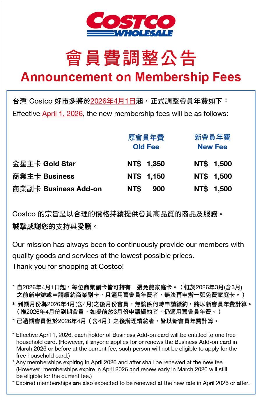 好市多會員費調整公告。取自好市多官網