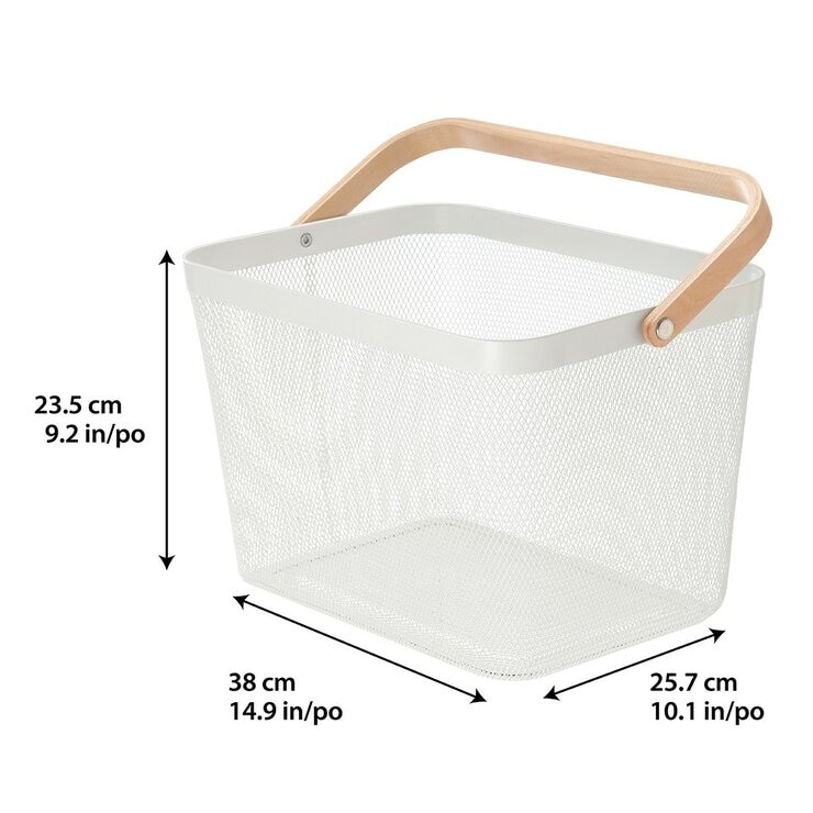 鐵網置物收納籃 木頭手把 2件組 白
