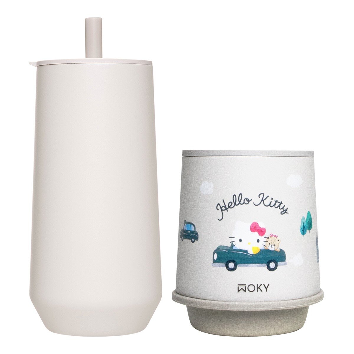 WOKY 沃廚 吸管隨行杯 600毫升 橡白 / 三麗鷗 咖啡保溫杯250毫升 Hello Kitty
