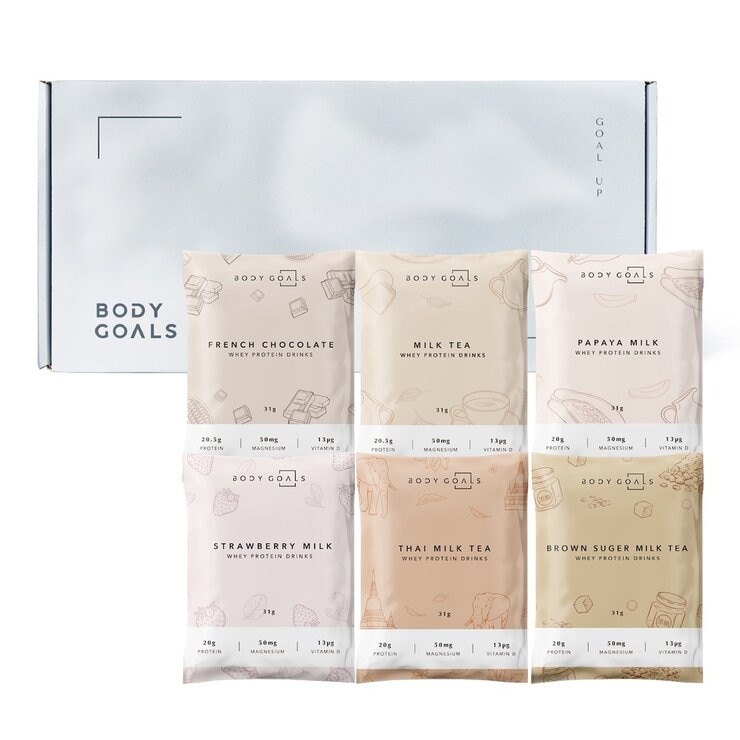 Body Goals Multi-Effect Whey Protein Drinks 31 g X 60-Pack [French Chocolate / Milk Tea / Strawberry Milk / Papaya Milk / Thai Milk Tea / Brown Sugar Milk Tea]
