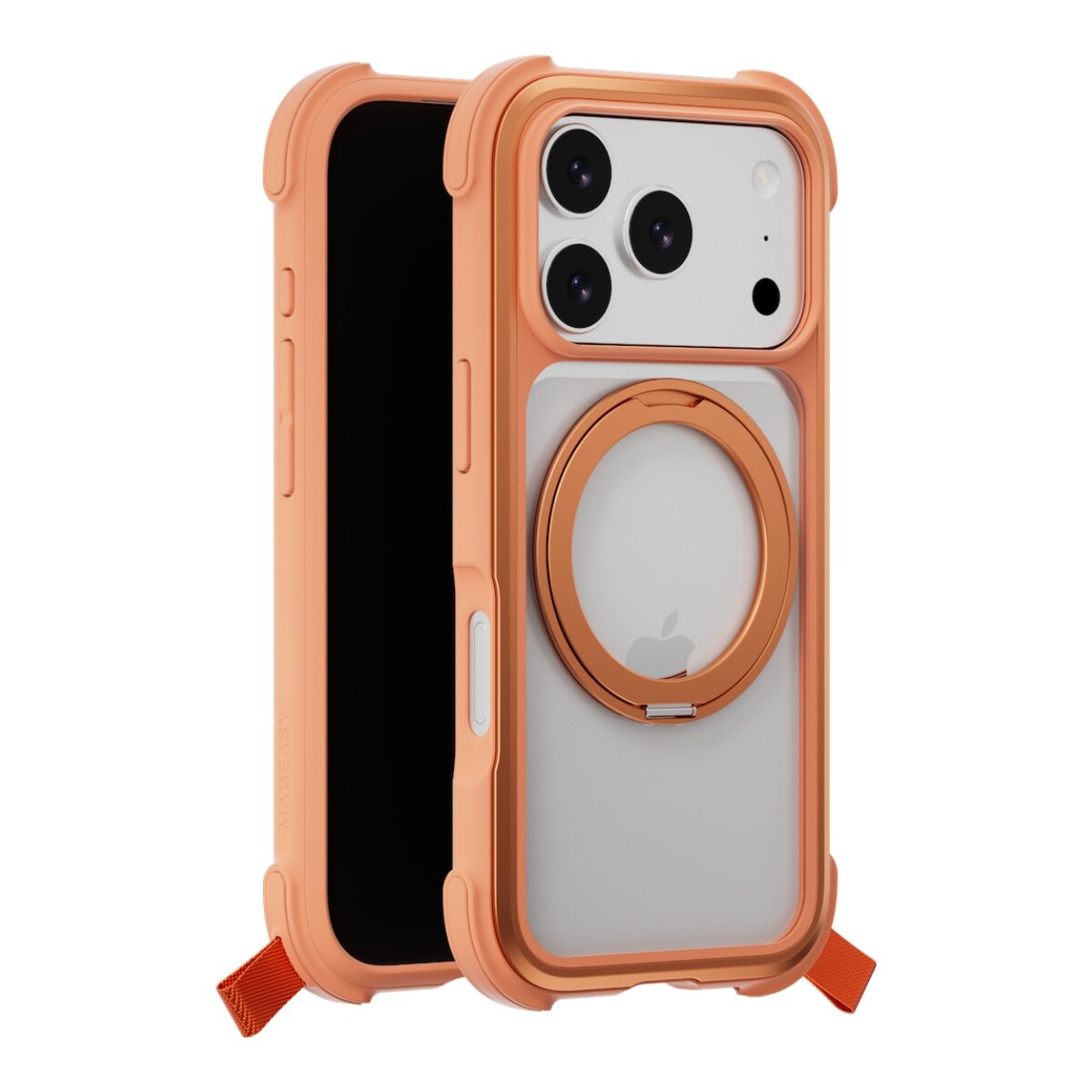 MAGEASY Odyssey Stand M 超軍規防摔磁吸支架手機殼 iPhone 17 Pro(珊瑚) + 鏡頭保護貼Lenz(白色) + Vetro 9H 鋼化玻璃保護膜