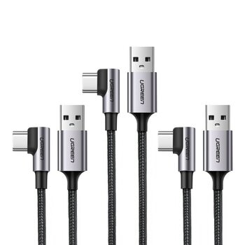 綠聯 Right Angle USB-A 對 Type-C 快充傳輸線 金屬編織L型 / 電競專用版 深空灰 (1公尺) 3件組