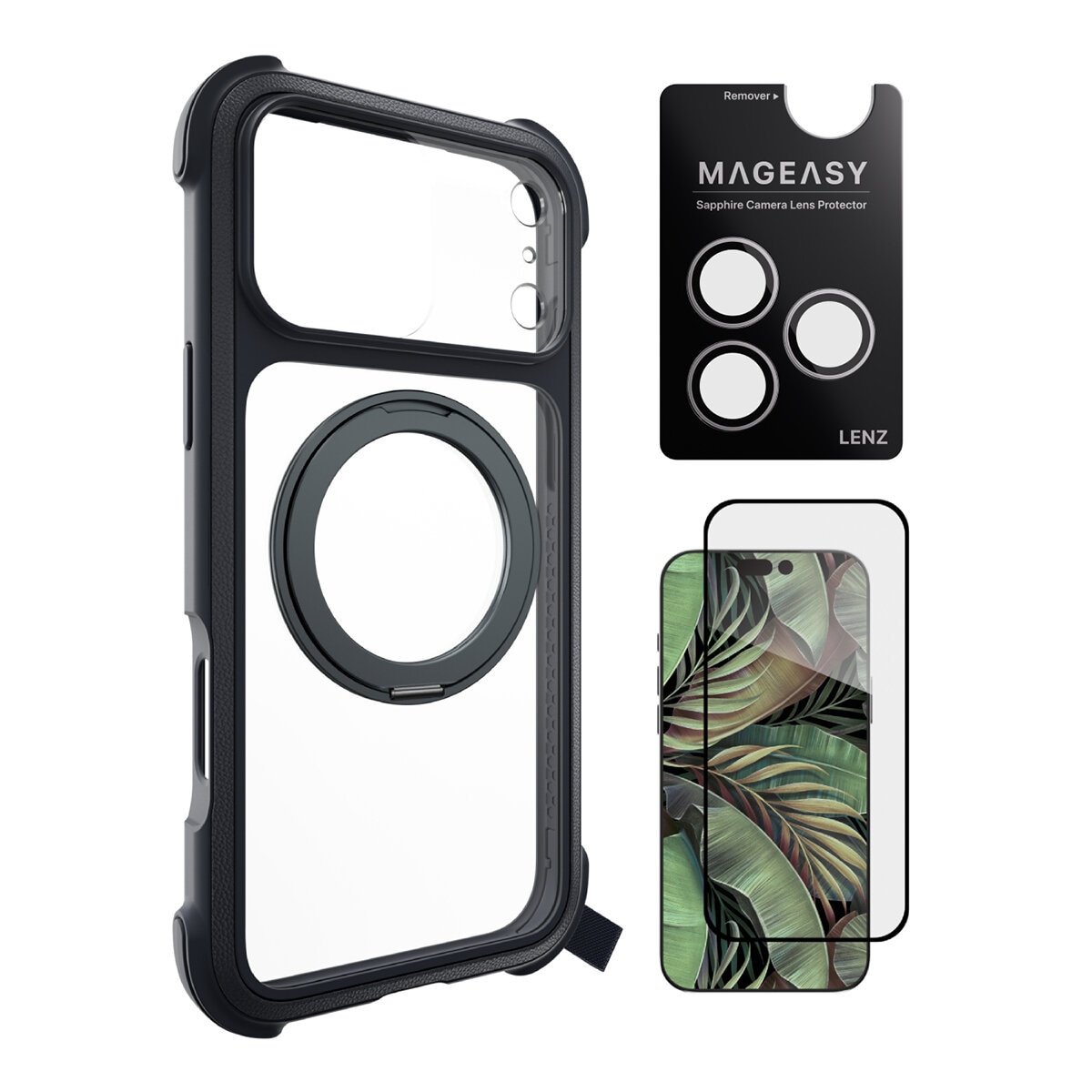 Vỏ bảo vệ điện thoại MAGEASY Odyssey Stand M với giá đỡ từ tính chống va đập vượt tiêu chuẩn quân sự dành cho iPhone 17 Pro Max (da màu đen) + Miếng dán bảo vệ ống kính Lenz (màu trắng) + Miếng dán kính cường lực Vetro 9H