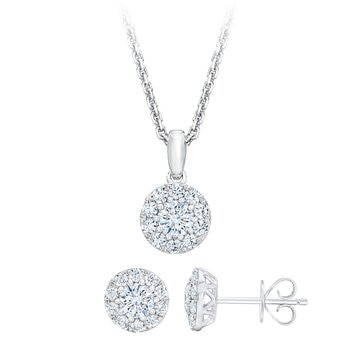 1克拉 14K白K金 圓形鑽石項鍊耳環組 VS2/I