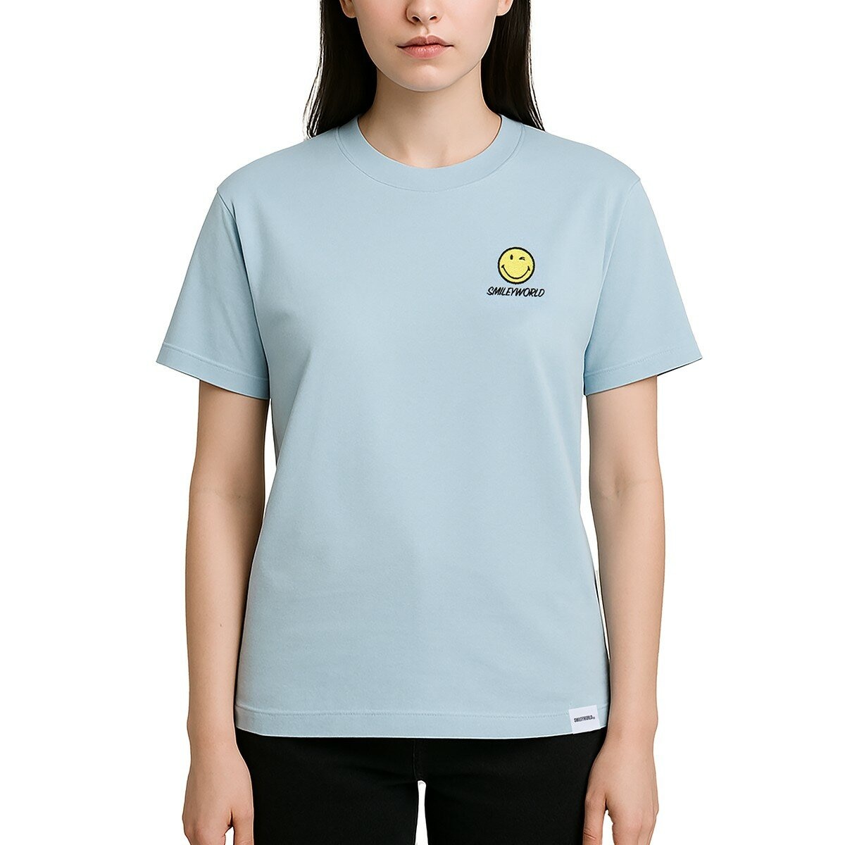 Smiley World 女短袖圓領上衣 淺藍