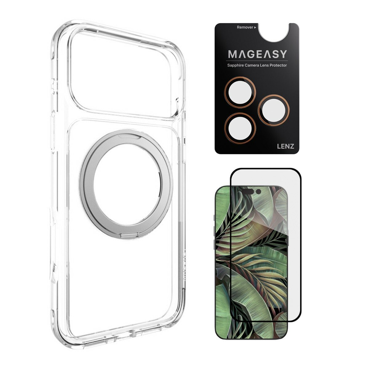 MAGEASY MagStand 360 M Casing Anti Jatuh Dudukan Putar Magnetik untuk iPhone 17 Pro Max (Bening) + Pelindung Lensa Lenz (Karang) + Pelindung Kaca Tempered Vetro 9H