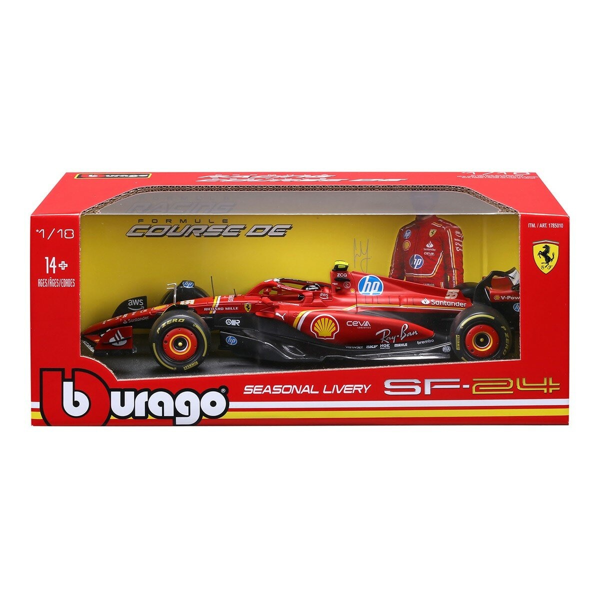 โมเดลรถแข่ง Bburago 1:18 Ferrari SF-24 (#55 Carlos Sainz) ลายมาตรฐาน สีแดงด้าน / สำหรับอายุ 14 ปีขึ้นไป