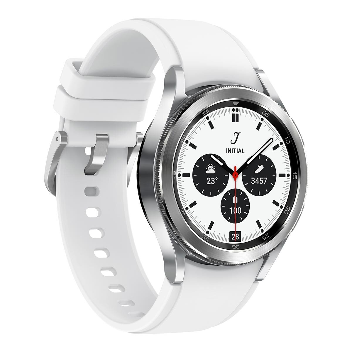 Samsung Galaxy Watch4 Classic 藍牙42公釐 鈦灰銀 不鏽鋼錶殼搭配白色運動錶帶
