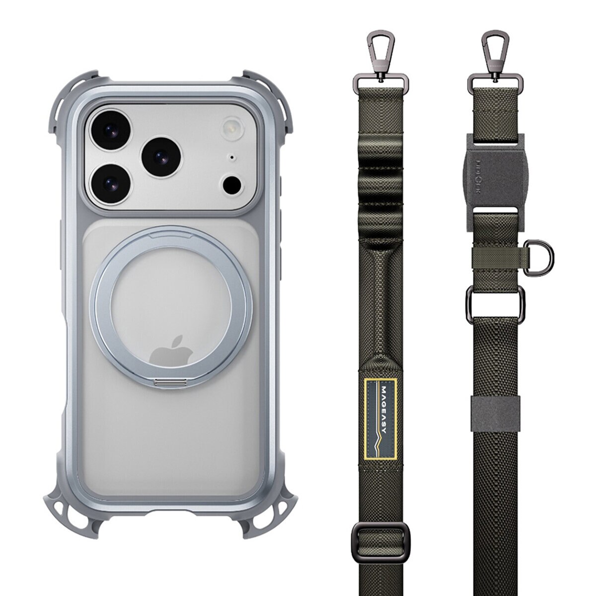 MAGEASY Odyssey Ultra M 終極防摔磁吸支架掛繩手機殼 iPhone 17 Pro(迷霧/岩石灰) + 鏡頭保護貼Lenz(珊瑚) + Vetro 9H 鋼化玻璃保護膜