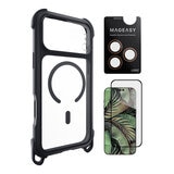 MAGEASY Odyssey Strap M 超軍規防摔掛繩手機殼 iPhone 17 Pro Max(皮革午夜/沉穩黑) + 鏡頭保護貼Lenz(珊瑚) + Vetro 9H 鋼化玻璃保護膜