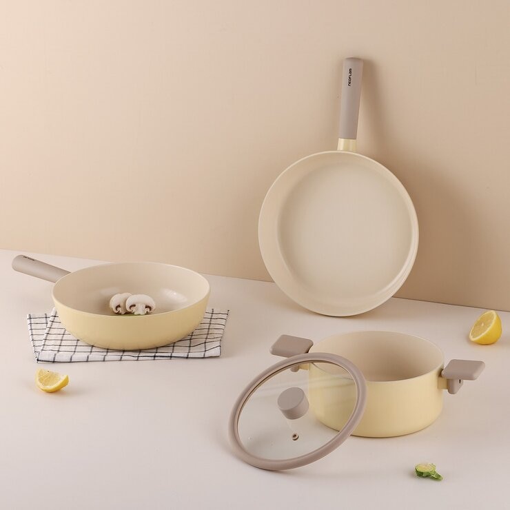 Neoflam 陶瓷不沾塗層鍋具 含玻璃上蓋 4件組 黃