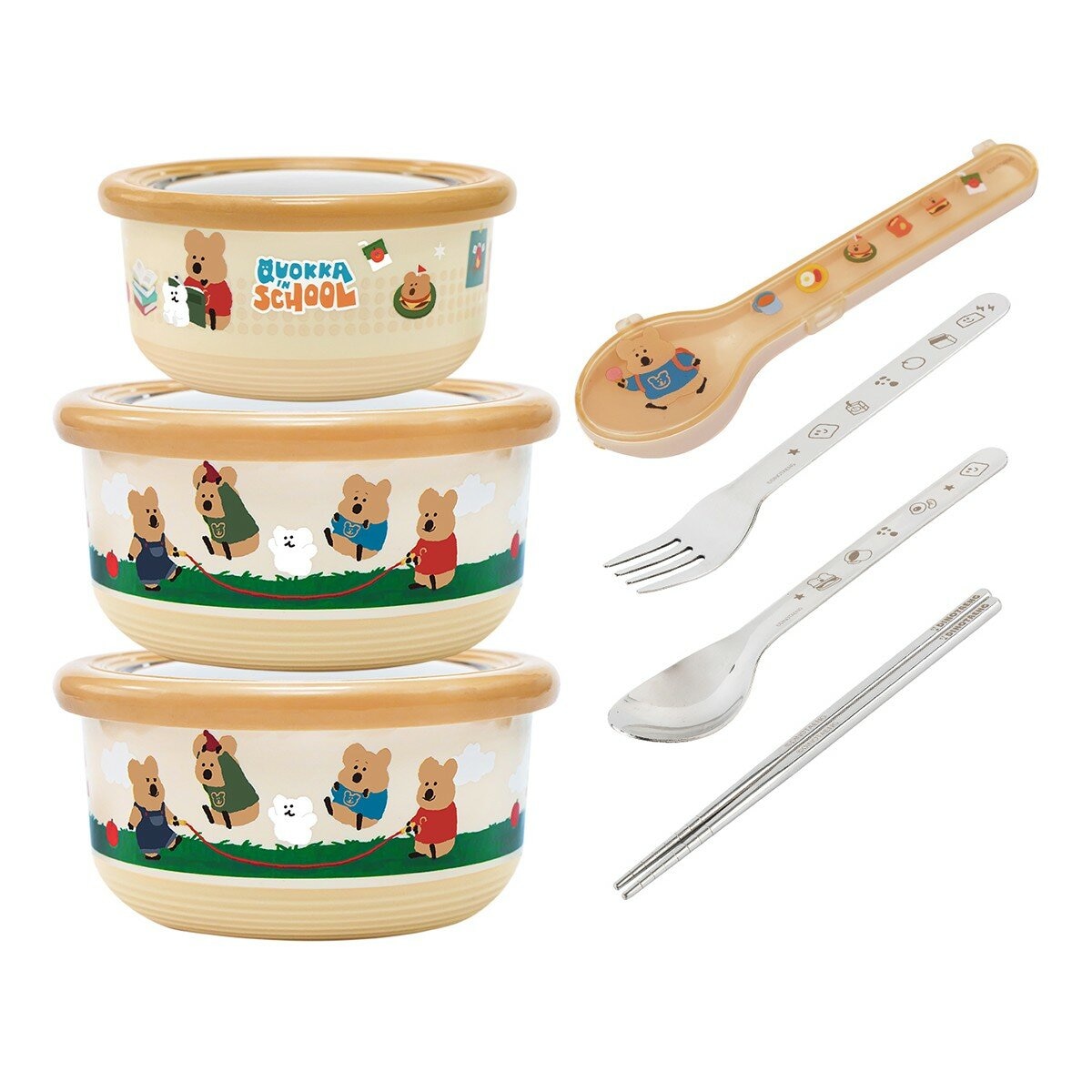 DINOTAENG 呆萌町 304不鏽鋼雙層隔熱碗 + 316不鏽鋼餐具 X 7件組