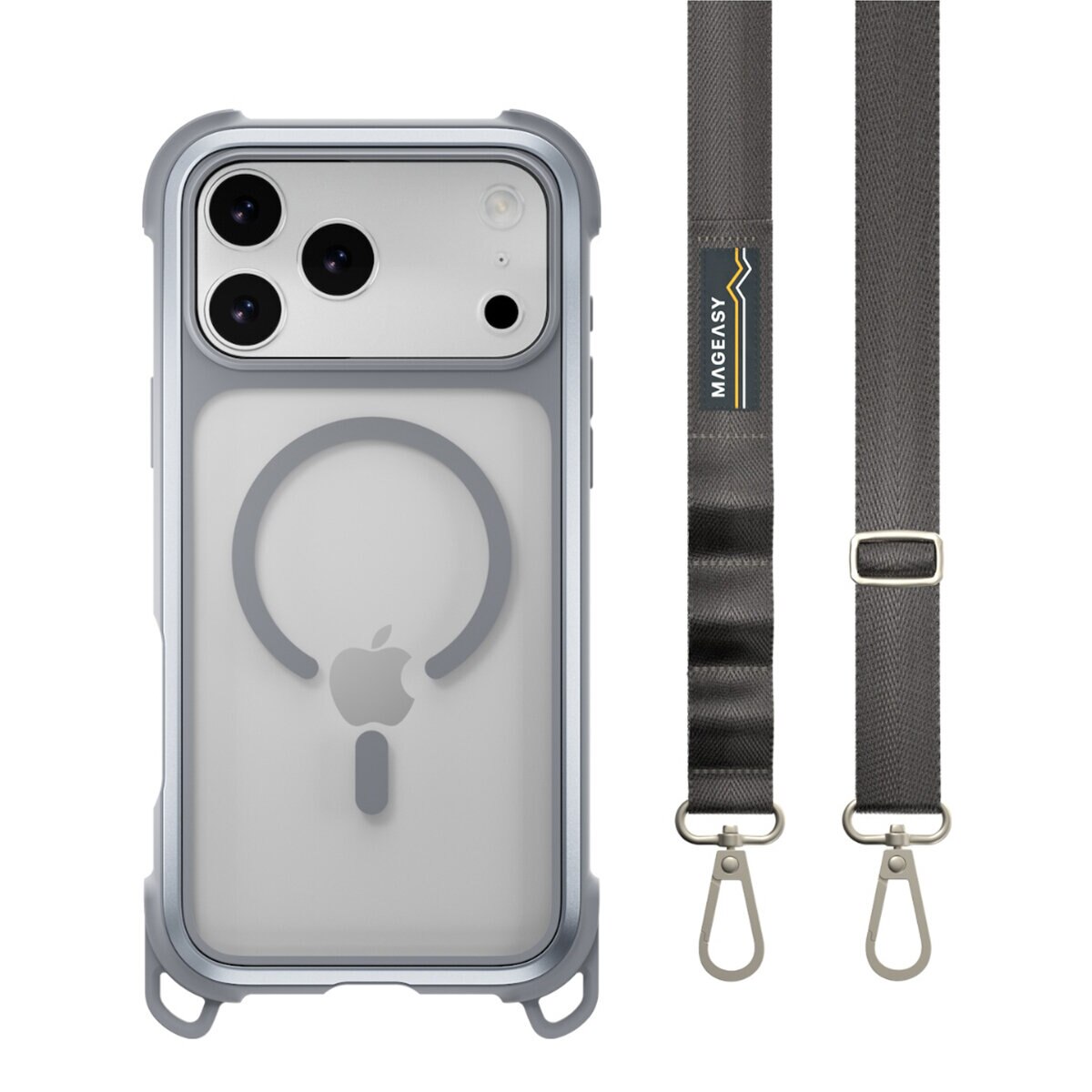MAGEASY Odyssey Strap M 超軍規防摔掛繩手機殼 iPhone 17 Pro Max(迷霧/高冷灰) + 鏡頭保護貼Lenz(珊瑚) + Vetro 9H 鋼化玻璃保護膜