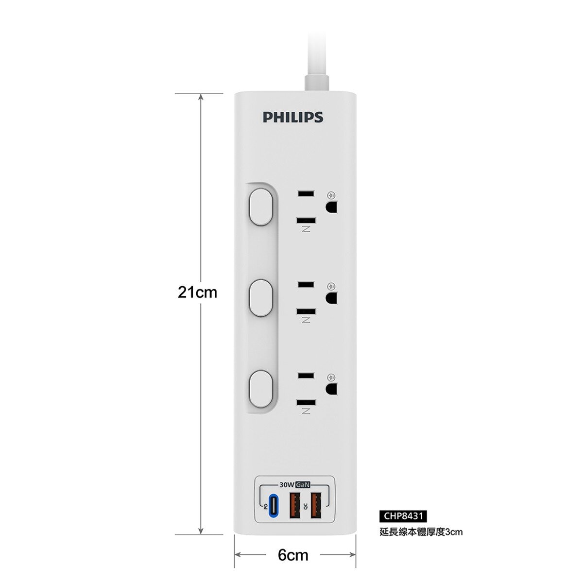 飛利浦 3開3插 2USB + TypeC PD30W 延長線 1.8米 2入組