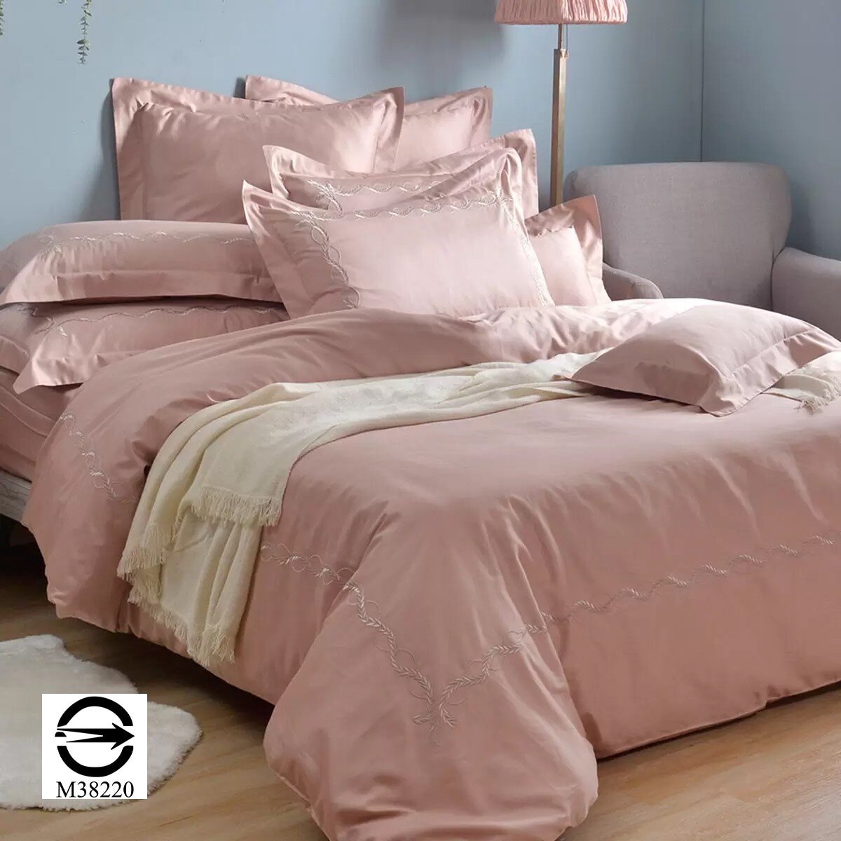 La Belle 雙人加大300織純棉刺繡被套床包4件組 180公分 X 186公分 藤蔓款 蘿莉粉