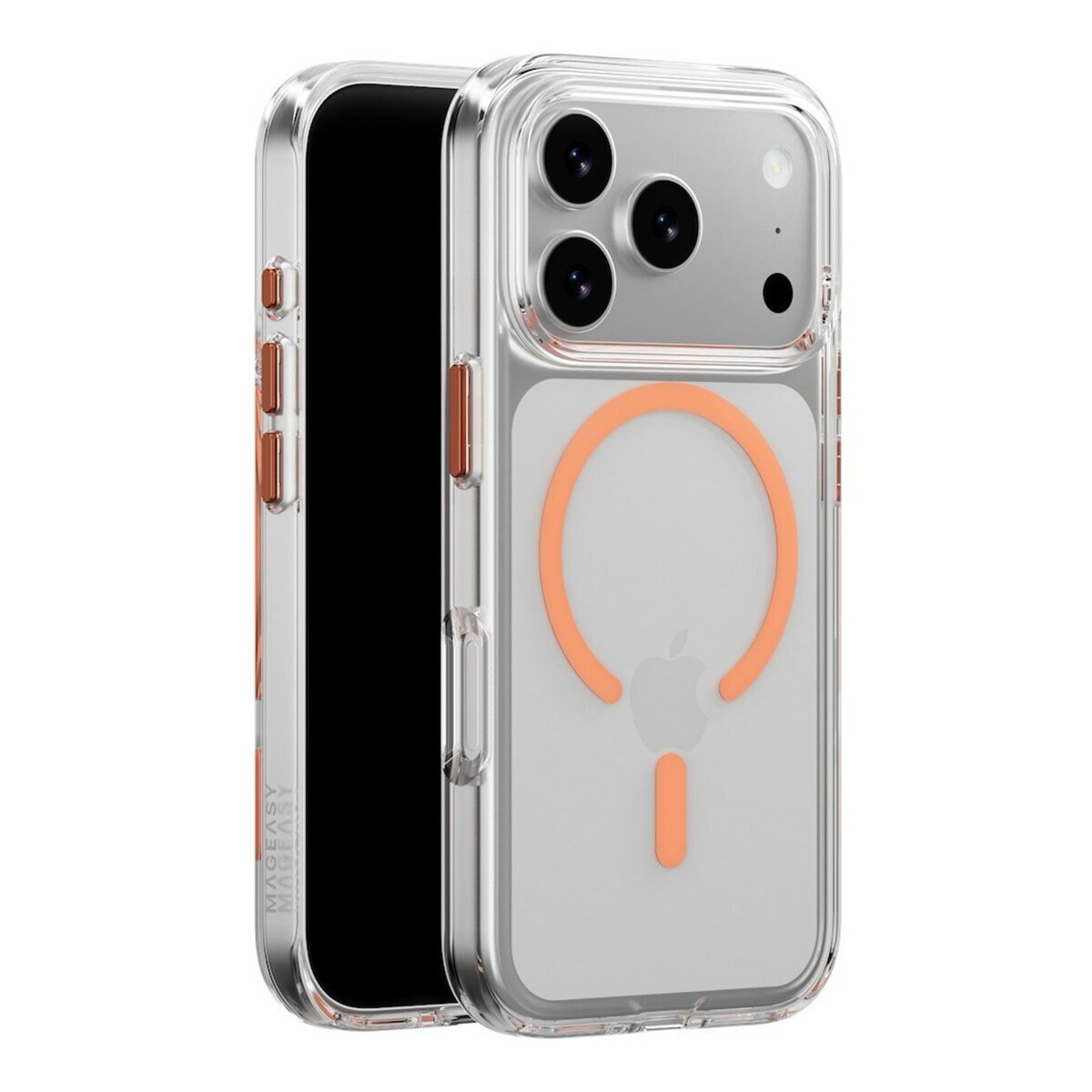 MAGEASY Bright M 不發黃軍規磁吸透明殼 iPhone 17 Pro(珊瑚磁圈) + 鏡頭保護貼Lenz鈦合金(午夜鈦) + Vetro 9H 鋼化玻璃保護膜