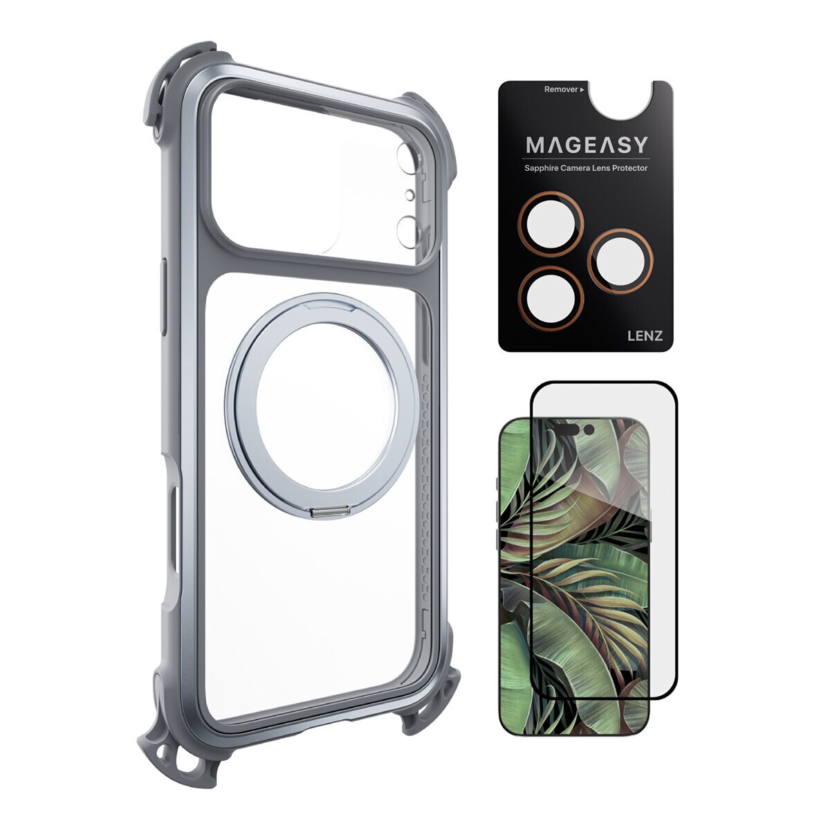 MAGEASY Odyssey Ultra M 終極防摔磁吸支架掛繩手機殼 iPhone 17 Pro Max(迷霧/岩石灰) + 鏡頭保護貼Lenz(珊瑚) + Vetro 9H 鋼化玻璃保護膜