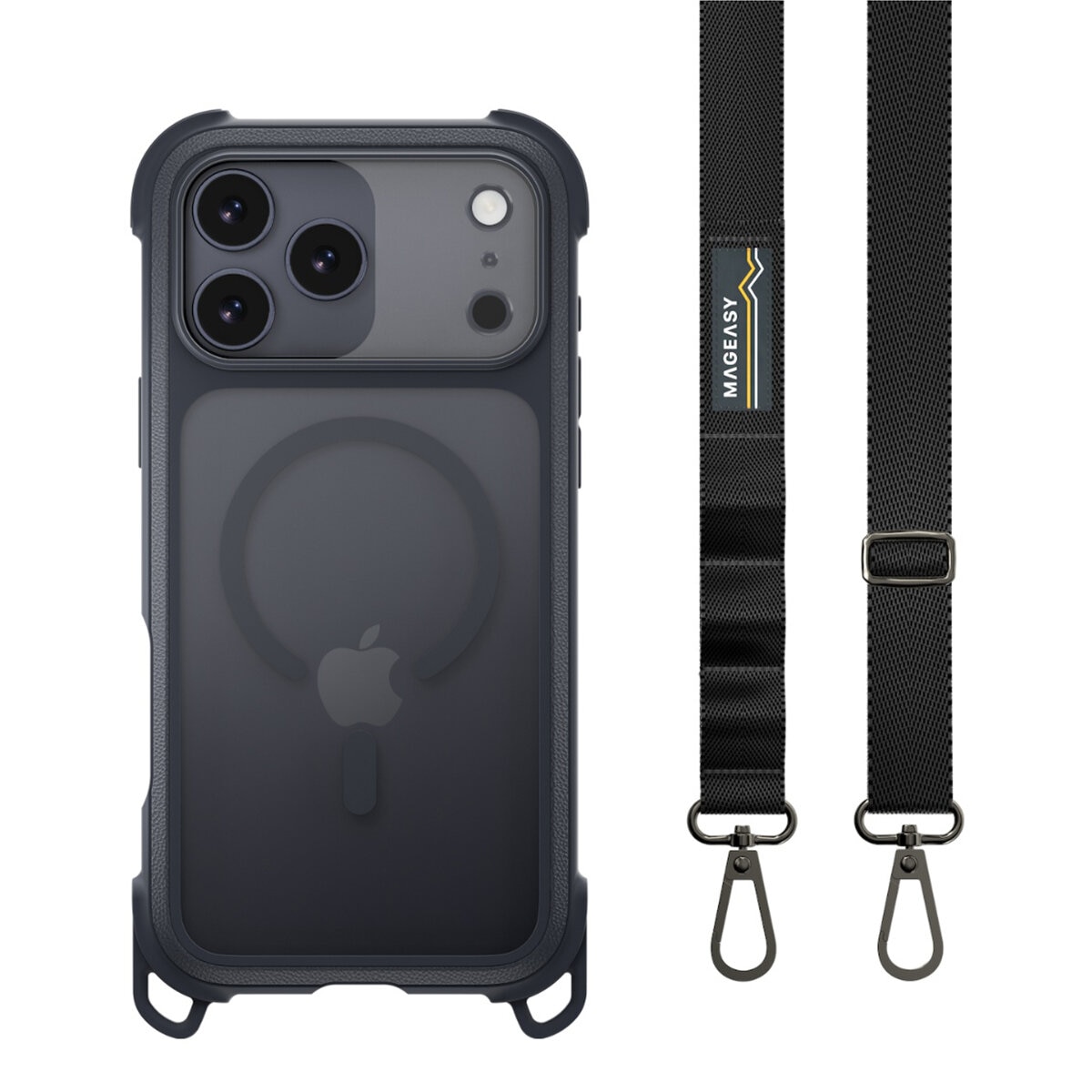 MAGEASY Odyssey Strap M 超軍規防摔掛繩手機殼 iPhone 17 Pro Max(皮革午夜/沉穩黑) + 鏡頭保護貼Lenz(午夜) + Vetro 9H 鋼化玻璃保護膜
