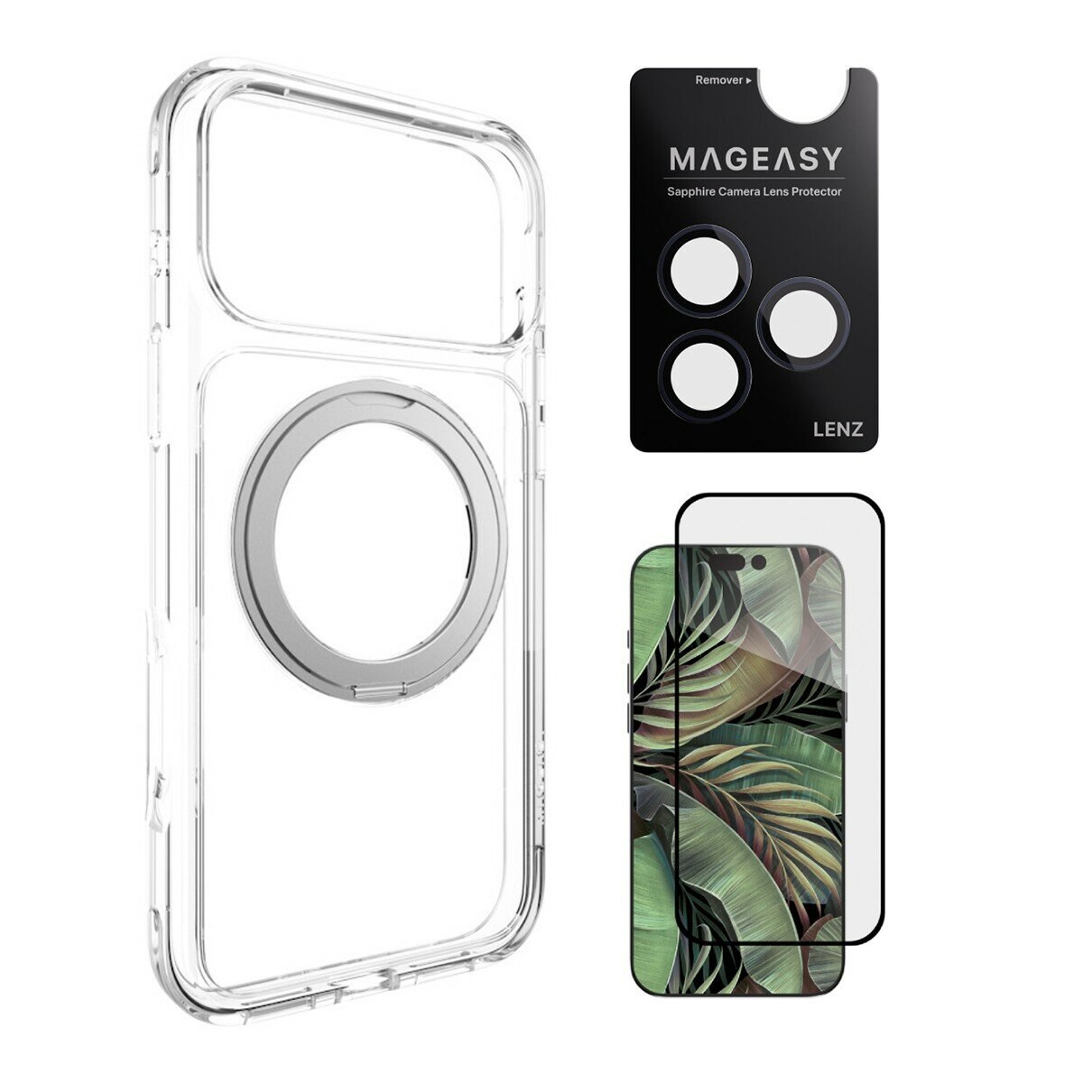 MAGEASY MagStand 360 M Pelindung Anti-Tumbukan dan Magnetik untuk iPhone 17 Pro Max (Transparan) + Perlindungan Lensa Lenz (Midnight) + Vetro 9H Tempered Glass Screen Protector