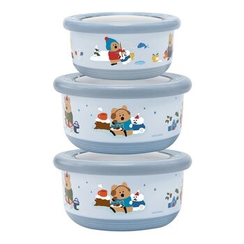 DINOTAENG 呆萌町 304不鏽鋼雙層隔熱碗 3件組 冬季