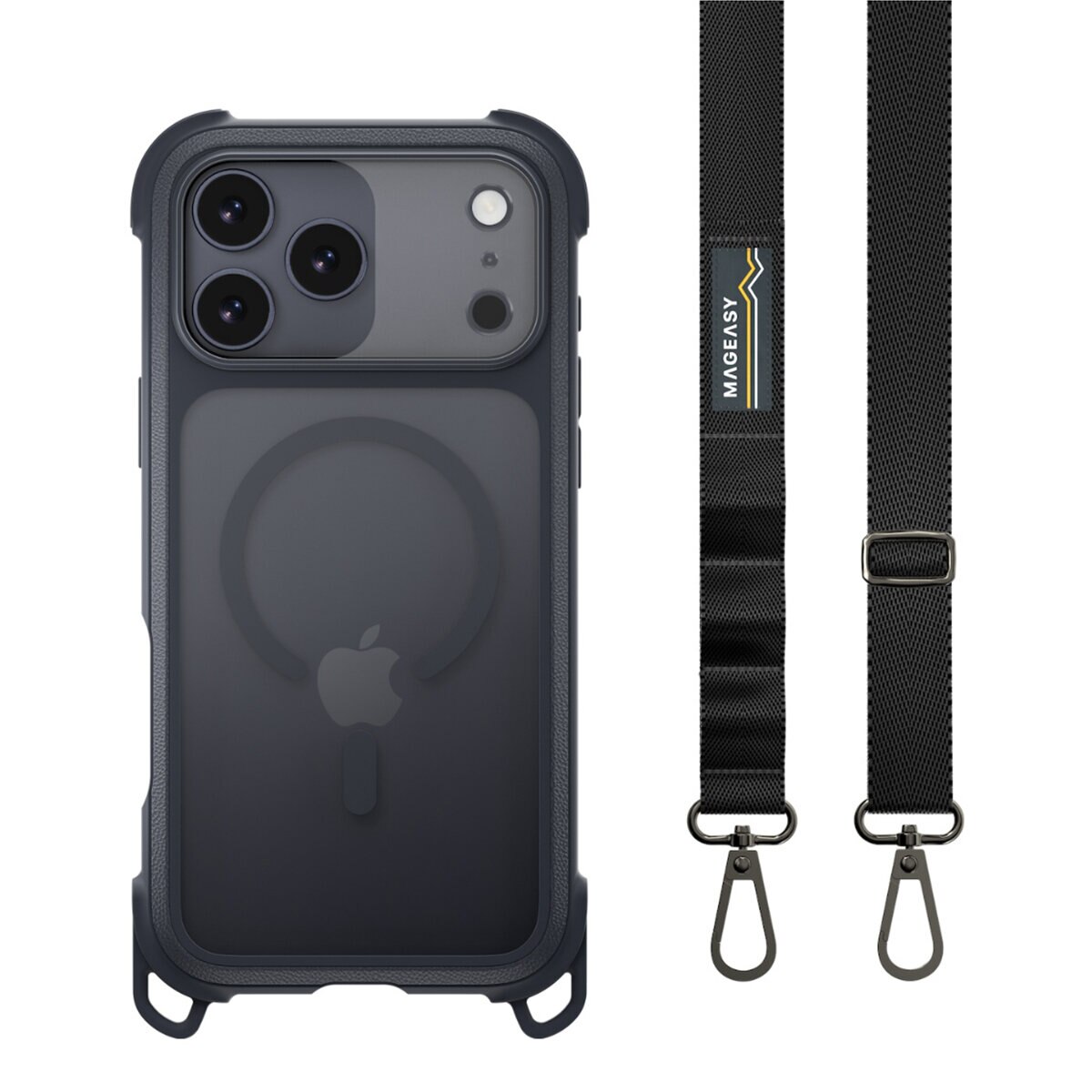 MAGEASY Odyssey Strap M 超軍規防摔掛繩手機殼 iPhone 17 Pro Max(皮革午夜/沉穩黑) + 鏡頭保護貼Lenz(珊瑚) + Vetro 9H 鋼化玻璃保護膜