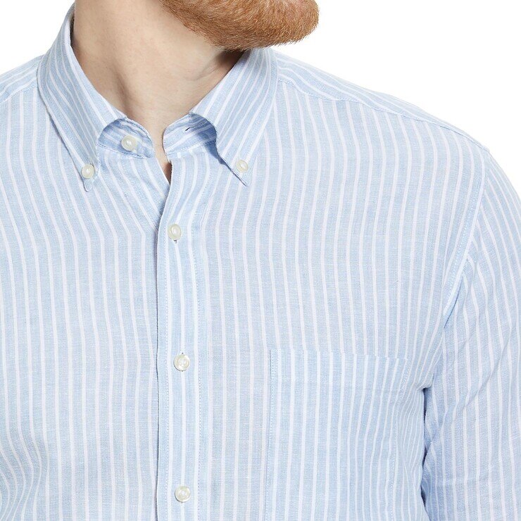 Oxford New York 男長袖亞麻混紡襯衫 藍白條紋 Costco 好市多