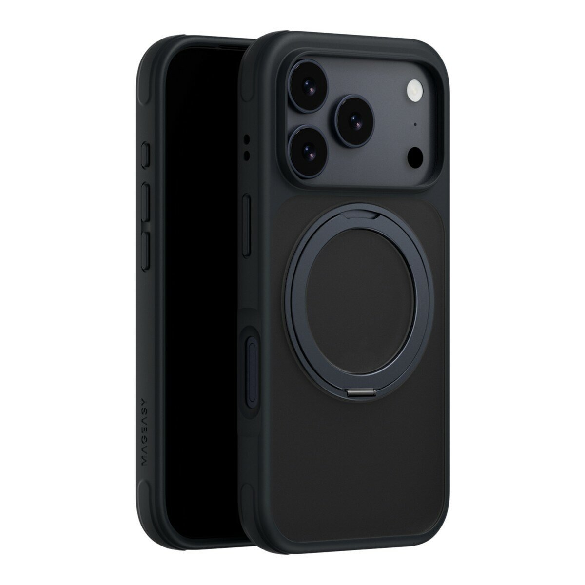 MAGEASY MagStand 360 M 磁吸旋轉支架防摔手機殼 iPhone 17 Pro(午夜) + 鏡頭保護貼Lenz(白色) + Vetro 9H 鋼化玻璃保護膜