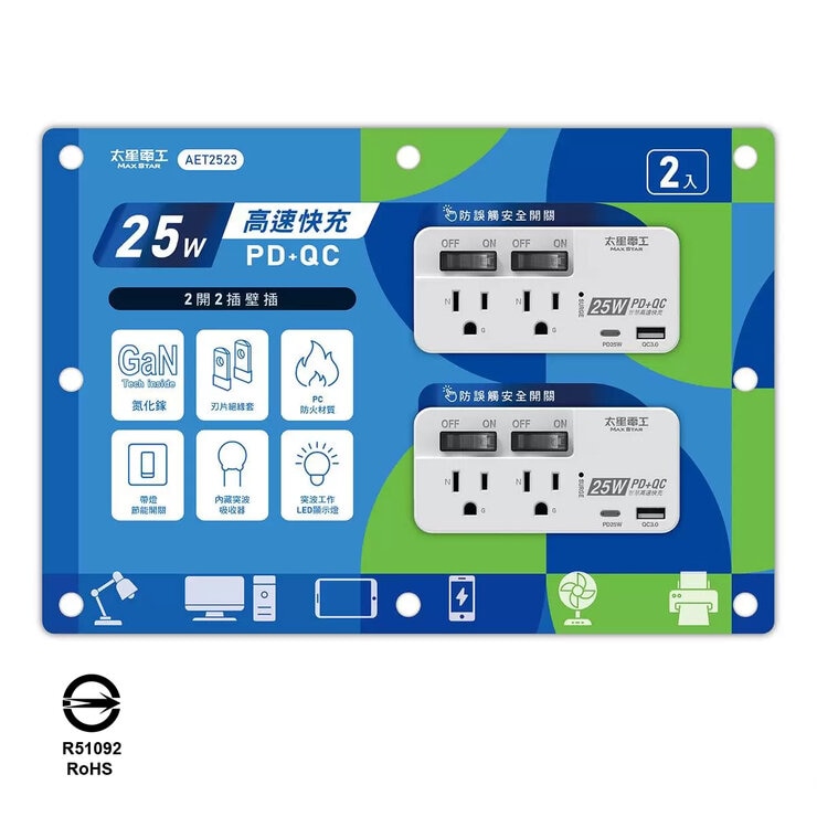太星電工 25W PD+QC 2開2插壁插轉接器 兩入組