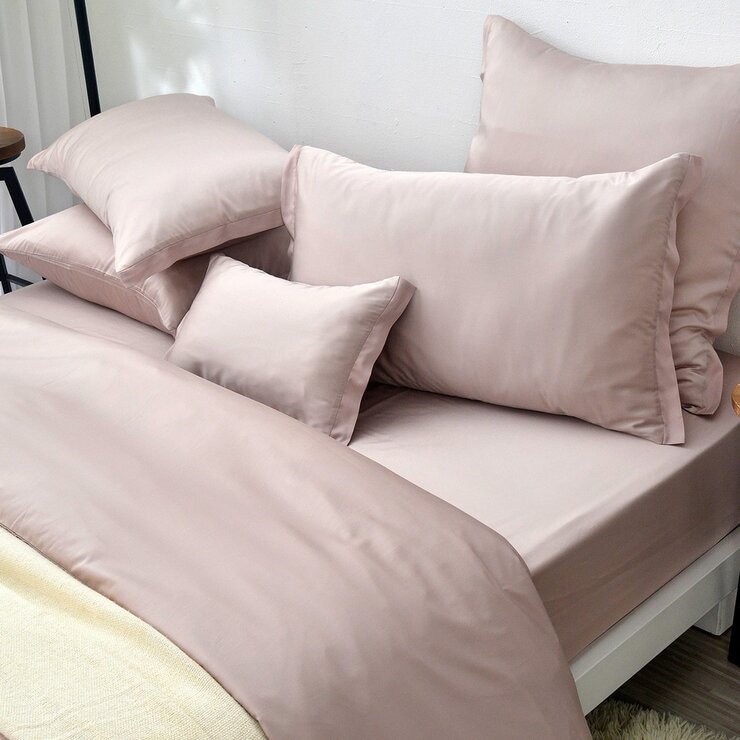La Belle 雙人特大 300織天絲棉素色 被套床包四件組拼接款 粉