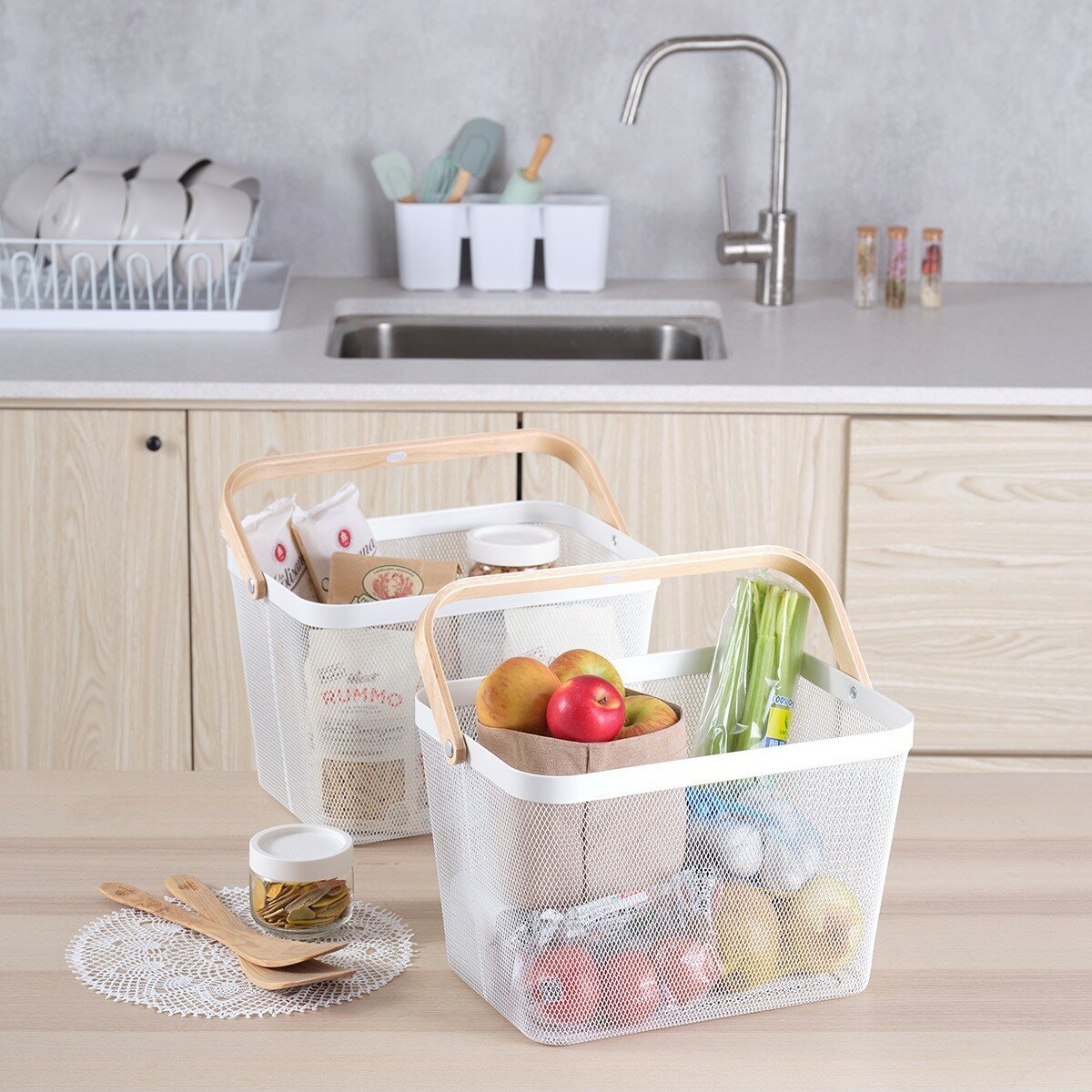 鐵網置物收納籃 木頭手把 2件組 白