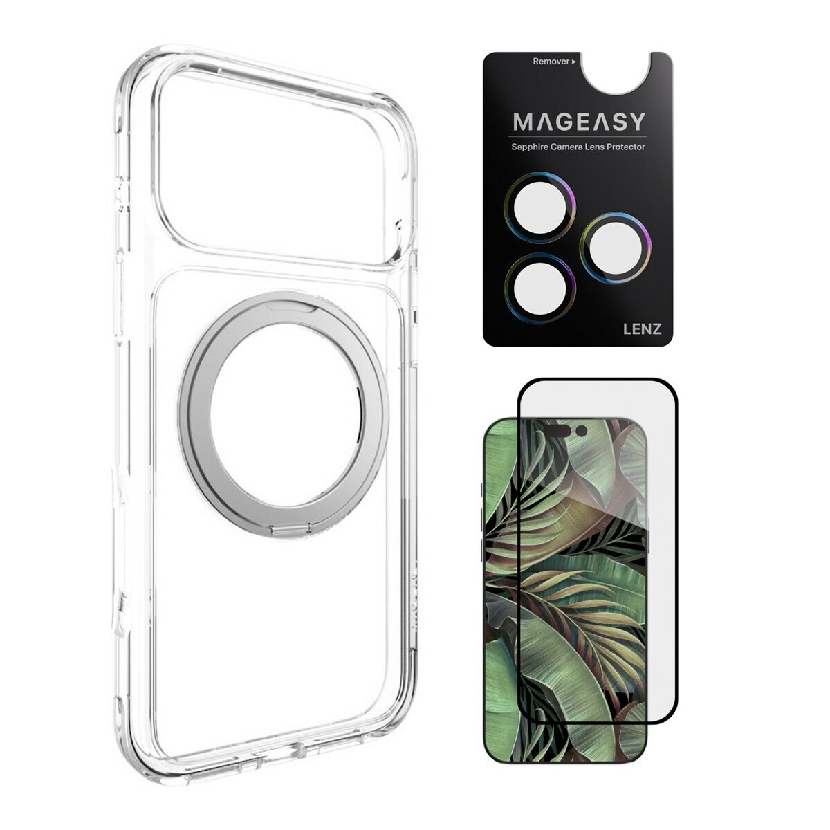 MAGEASY MagStand 360 M 磁吸旋轉支架防摔手機殼 iPhone 17 Pro Max(透明) + 鏡頭保護貼Lenz(炫彩) + Vetro 9H 鋼化玻璃保護膜