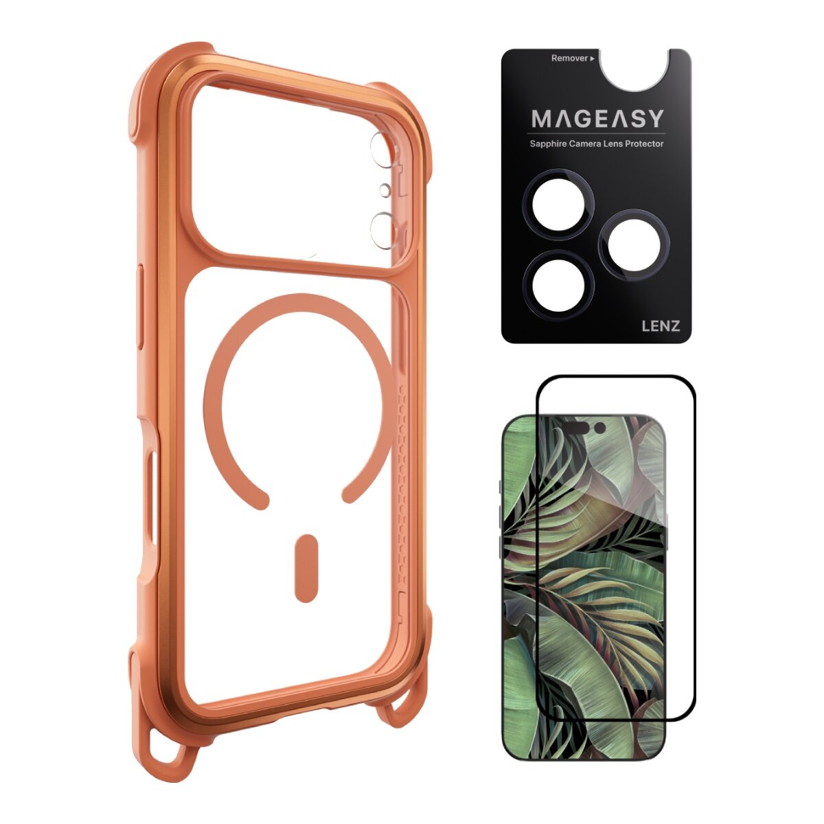 MAGEASY Odyssey Strap M Ultra Military Lanyard Case untuk iPhone 17 Pro (Coral/Glamour Orange) + Pelindung Lensa Lenz (Midnight) + Pelindung Kaca Tempered Vetro 9H