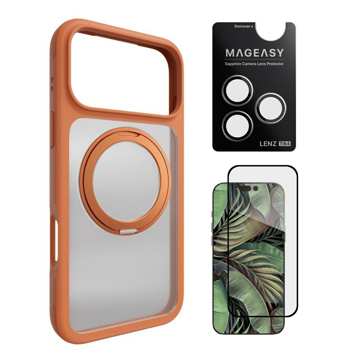 MAGEASY MagStand 360 M 磁吸旋轉支架防摔手機殼 iPhone 17 Pro Max(珊瑚) + 鏡頭保護貼Lenz 鈦合金(鈦白) + Vetro 9H 鋼化玻璃保護膜