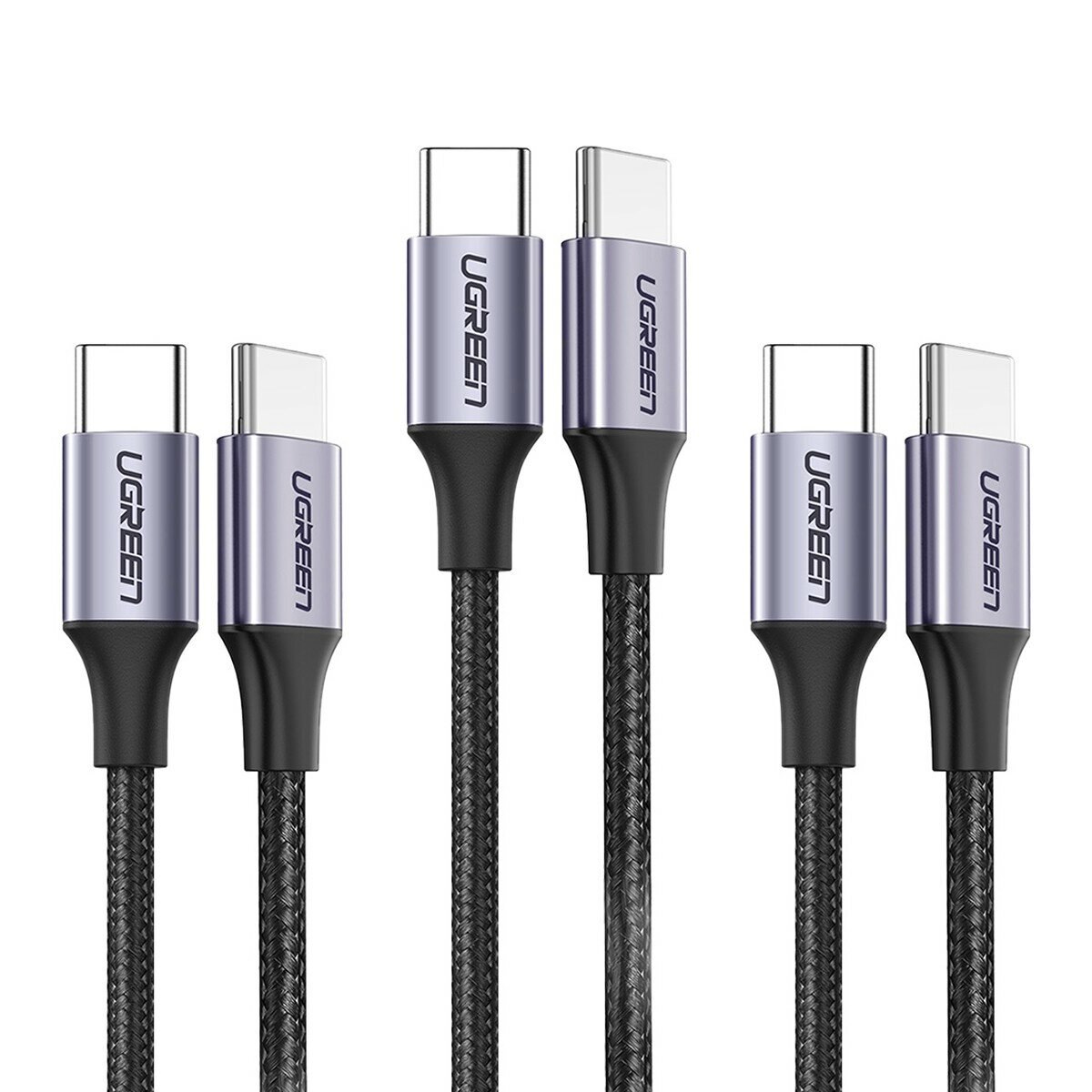 綠聯 Type-C 對 Type-C PD 60W 3A 快充傳輸線 金屬編織版 灰黑 (1公尺) 3件組