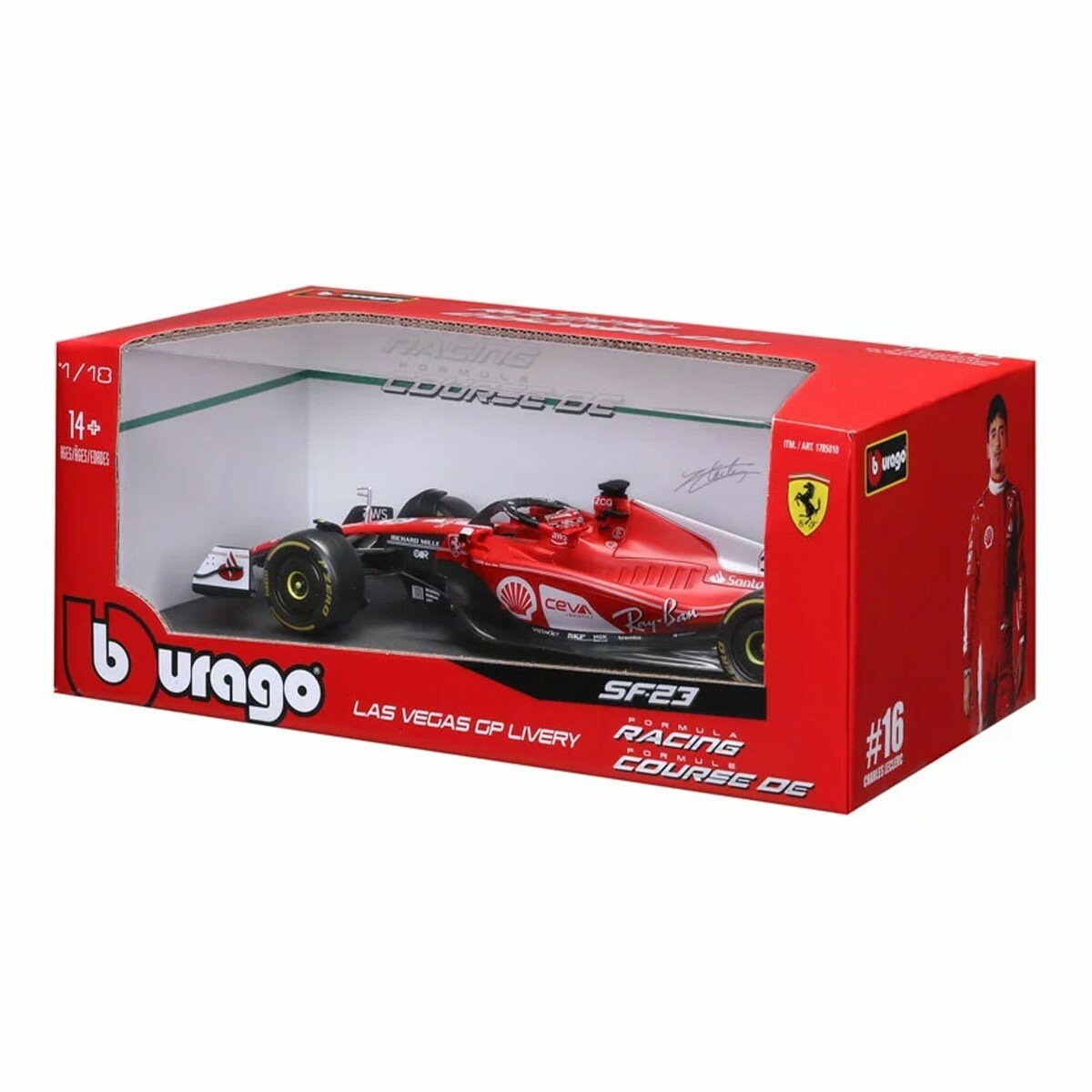 Bburago 1:18 賽車模型 Ferrari SF-23 (#16 Charles Leclerc , 含頭盔)拉斯維加斯塗裝 消光紅 / 14歲以上