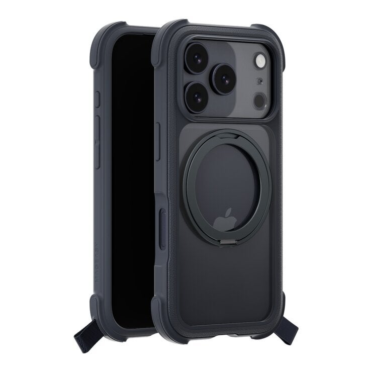 MAGEASY Odyssey Stand M 超軍規防摔磁吸支架手機殼 iPhone 17 Pro(皮革午夜) + 鏡頭保護貼Lenz(珊瑚) + Vetro 9H 鋼化玻璃保護膜
