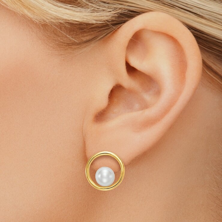 淡水珍珠耳環 14K黃K金 7公釐-7.5公釐